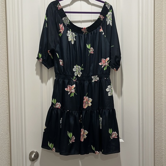 Lil Sz LP floral off the shoulder dress pockets puff sleeve Navy Pink Grey roses - Picture 4 of 8